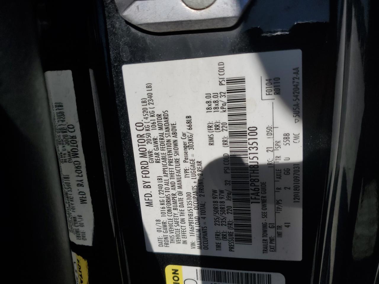 2018 Ford Mustang VIN: 1FA6P8TH8J5135100 Lot: 72084895