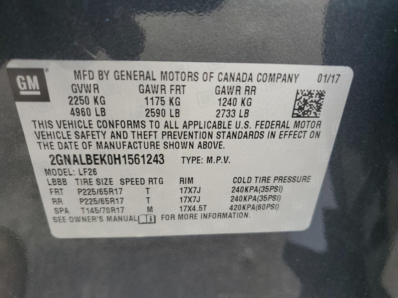 2017 Chevrolet Equinox Ls VIN: 2GNALBEK0H1561243 Lot: 72057655