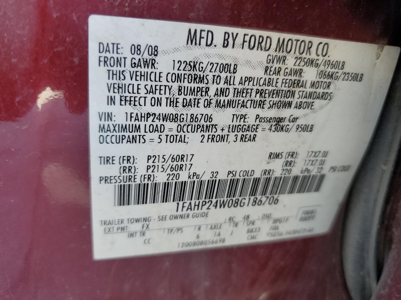 2008 Ford Taurus Sel VIN: 1FAHP24W08G186706 Lot: 80608545