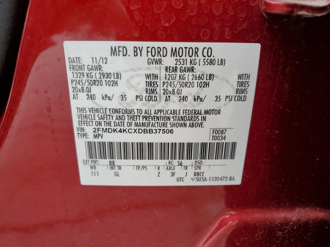 2013 Ford Edge Limited VIN: 2FMDK4KCXDBB37506 Lot: 84752365