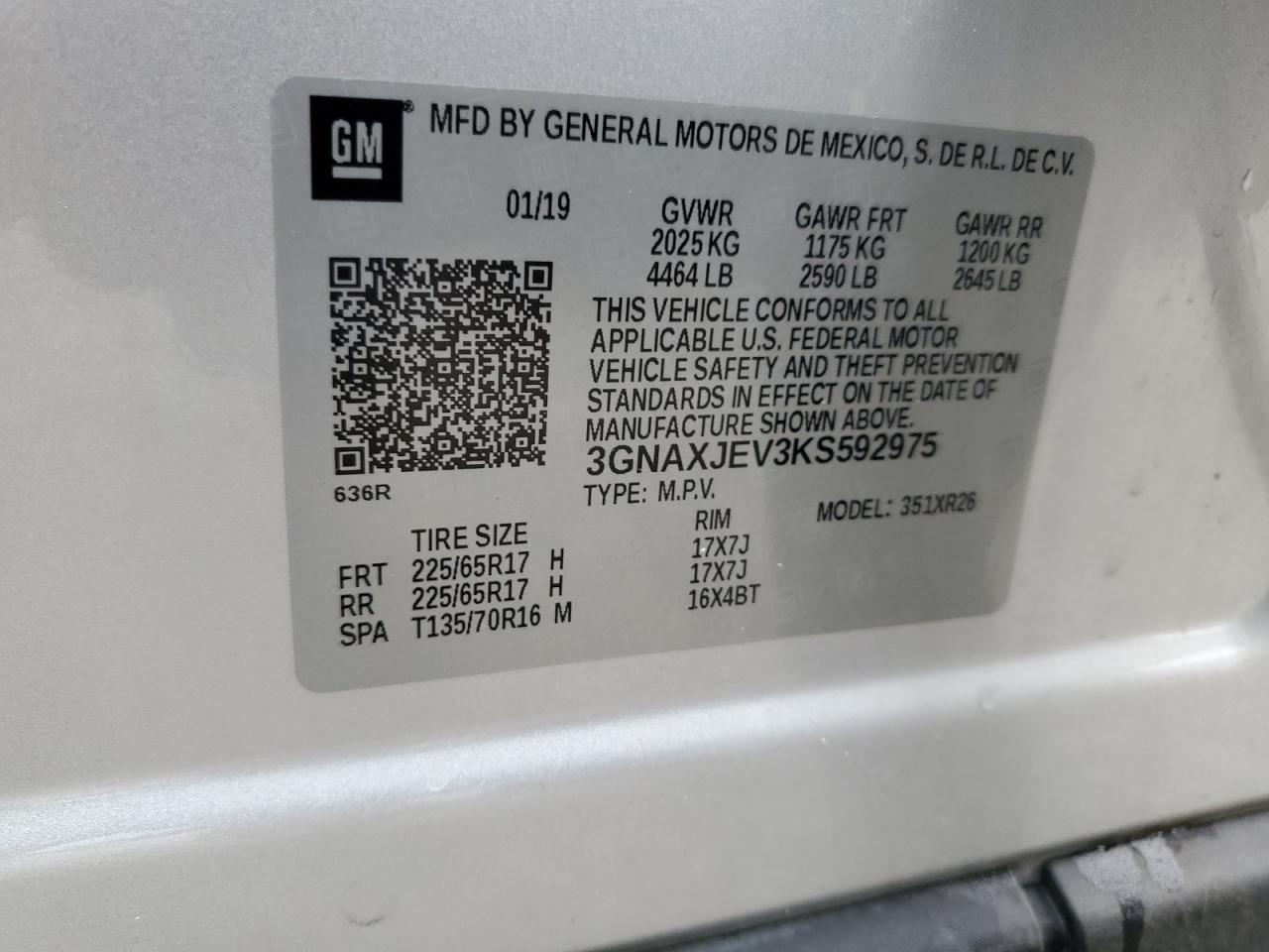 2019 Chevrolet Equinox Lt VIN: 3GNAXJEV3KS592975 Lot: 71082825