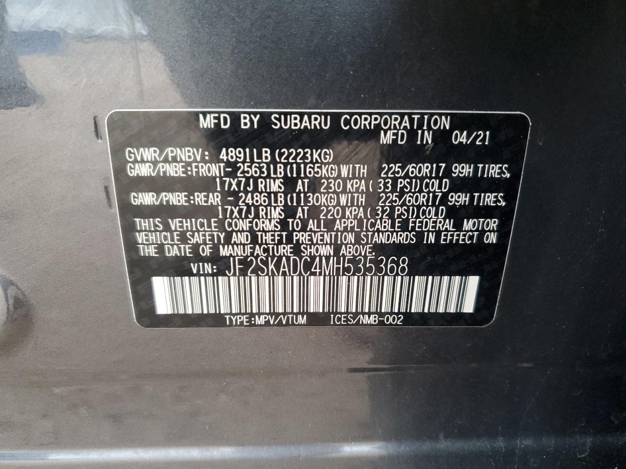 2021 Subaru Forester VIN: JF2SKADC4MH535368 Lot: 80652595