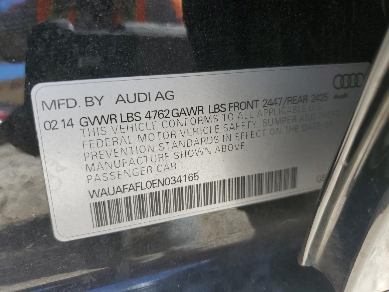 2014 Audi A4 Premium VIN: WAUAFAFL0EN034165 Lot: 81340985