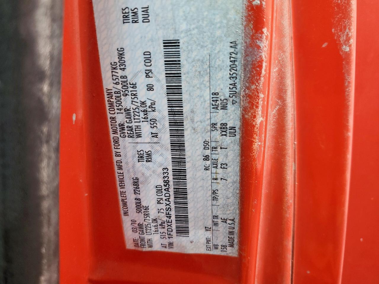 2010 Ford Econoline E450 Super Duty Cutaway Van VIN: 1FDXE4FSXADA58333 Lot: 80316715