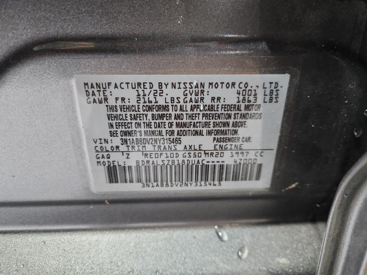 2022 Nissan Sentra Sr VIN: 3N1AB8DV2NY315465 Lot: 81883465
