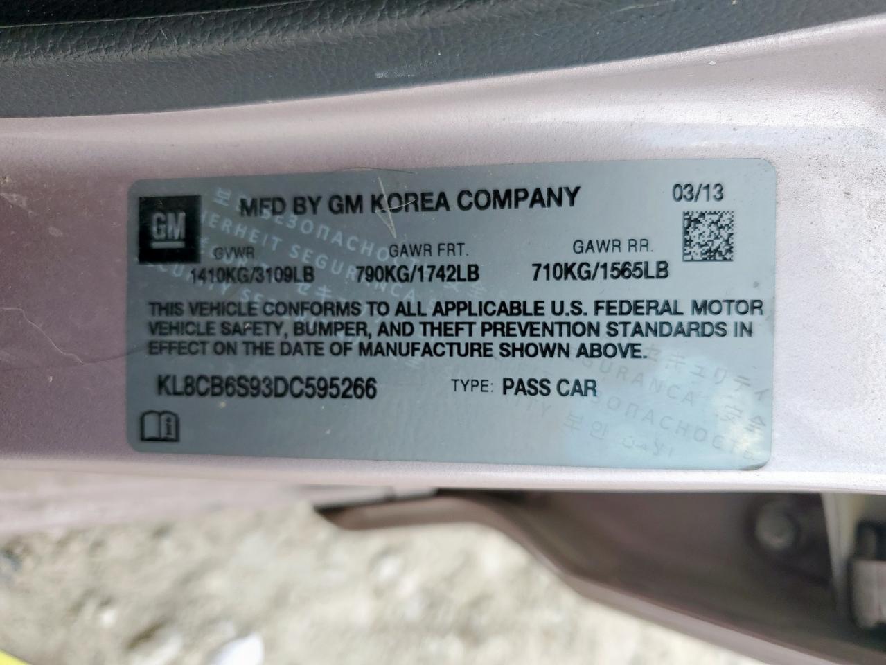 2013 Chevrolet Spark VIN: KL8CB6S93DC595266 Lot: 71728785