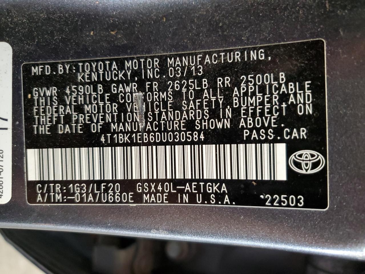 2013 Toyota Avalon Base VIN: 4T1BK1EB6DU030584 Lot: 71490305