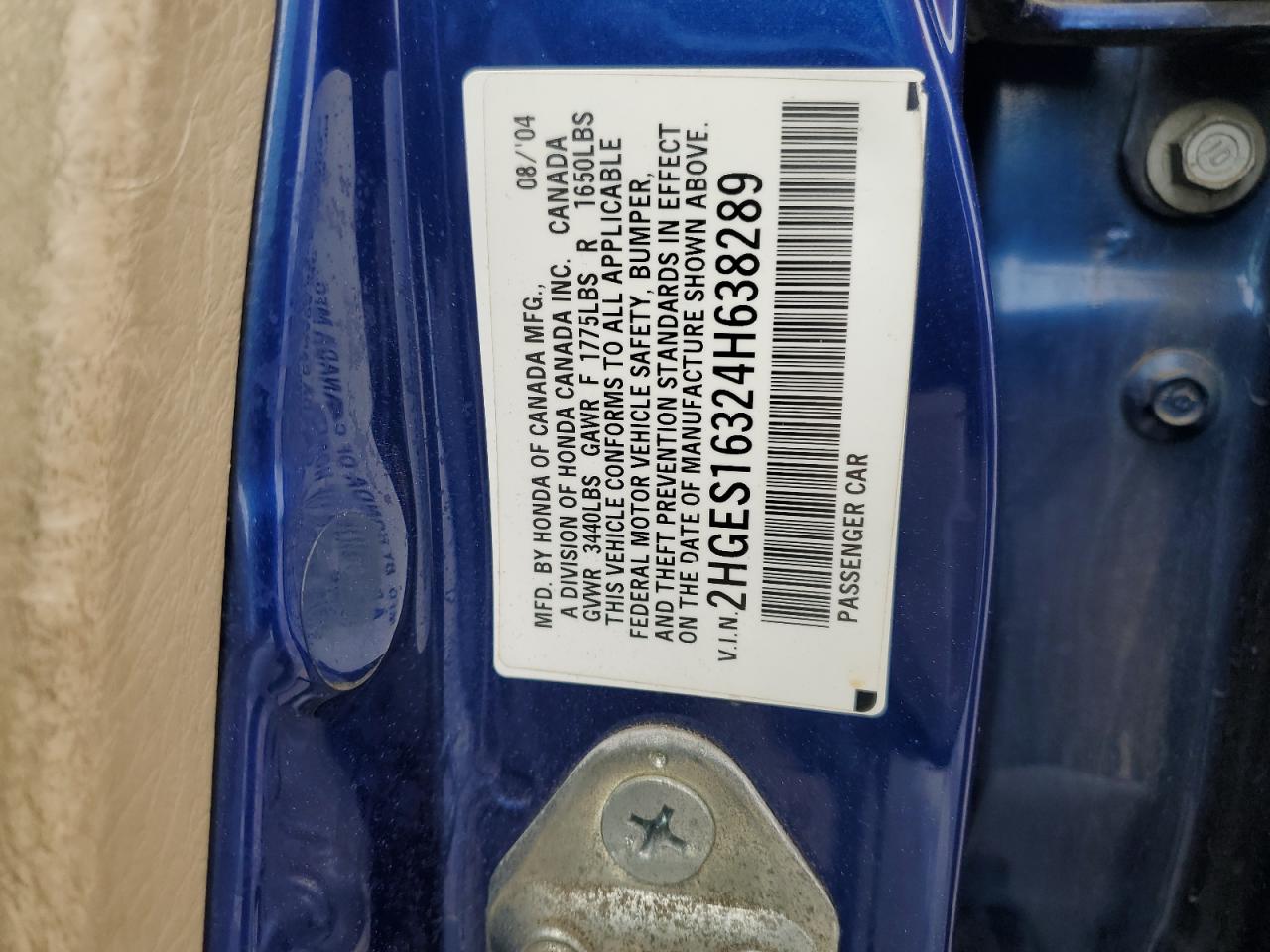 2004 Honda Civic Dx Vp VIN: 2HGES16324H638289 Lot: 81854505