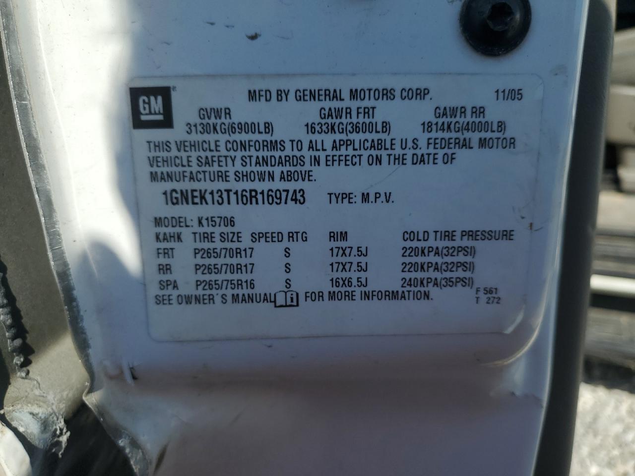 2006 Chevrolet Tahoe K1500 VIN: 1GNEK13T16R169743 Lot: 80464915