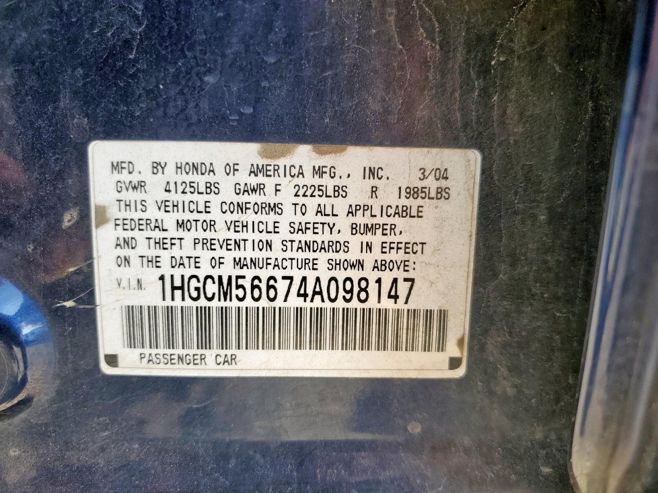 2004 Honda Accord Ex VIN: 1HGCM56674A098147 Lot: 71509215