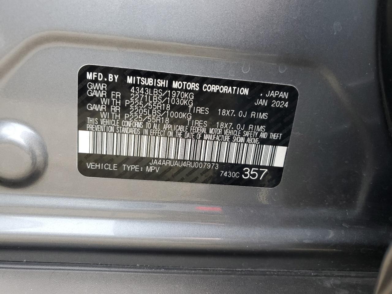 2024 Mitsubishi Outlander Sport S/Se VIN: JA4ARUAU4RU007973 Lot: 71545355
