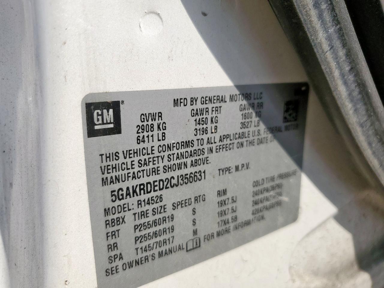 2012 Buick Enclave VIN: 5GAKRDED2CJ356631 Lot: 71132785