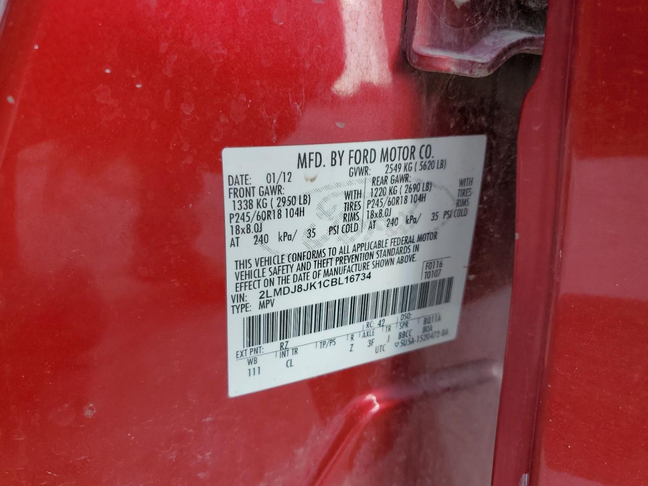 2012 Lincoln Mkx VIN: 2LMDJ8JK1CBL16734 Lot: 81206535