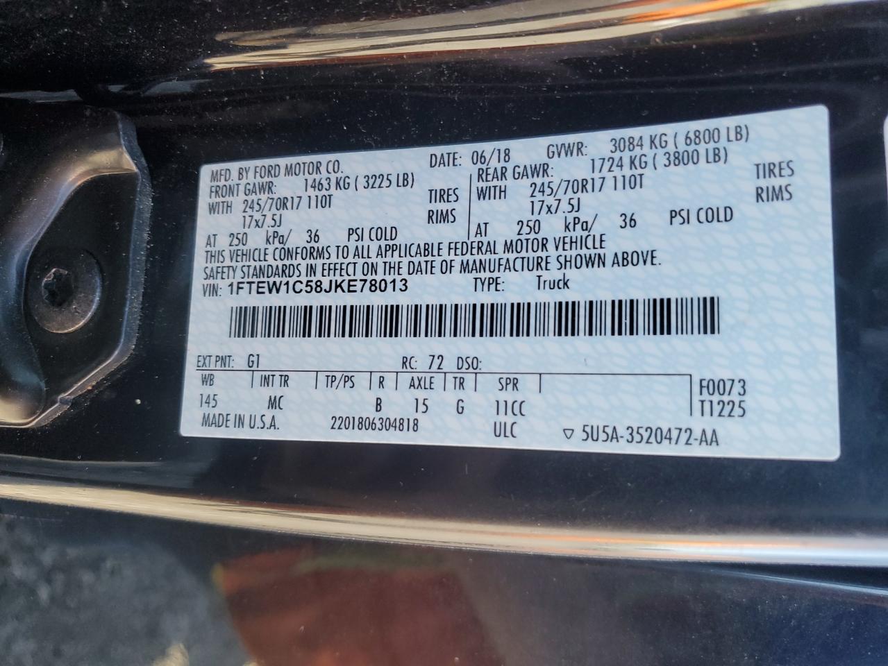 2018 Ford F150 Supercrew VIN: 1FTEW1C58JKE78013 Lot: 84762535