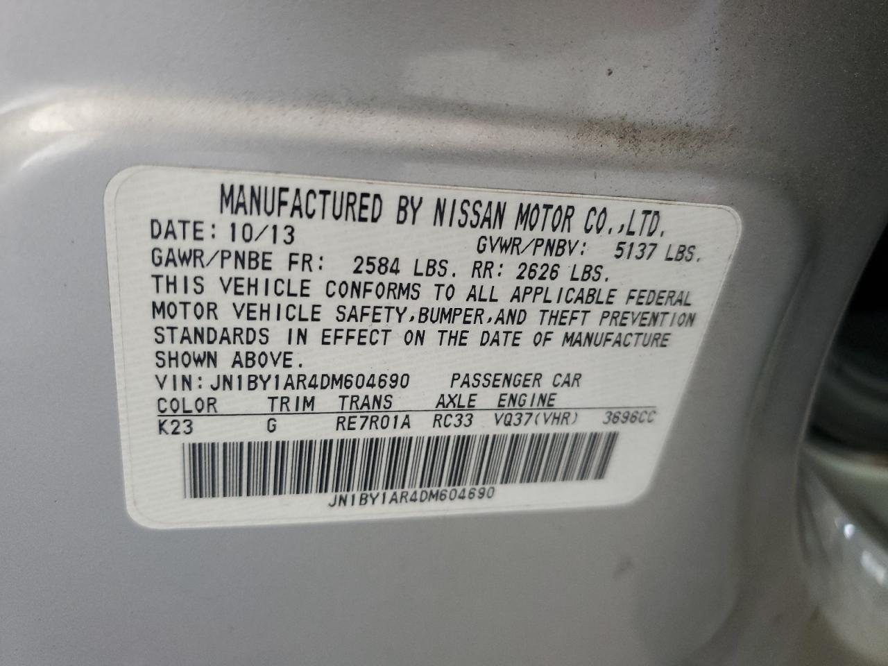 2013 Infiniti M37 X VIN: JN1BY1AR4DM604690 Lot: 80081415