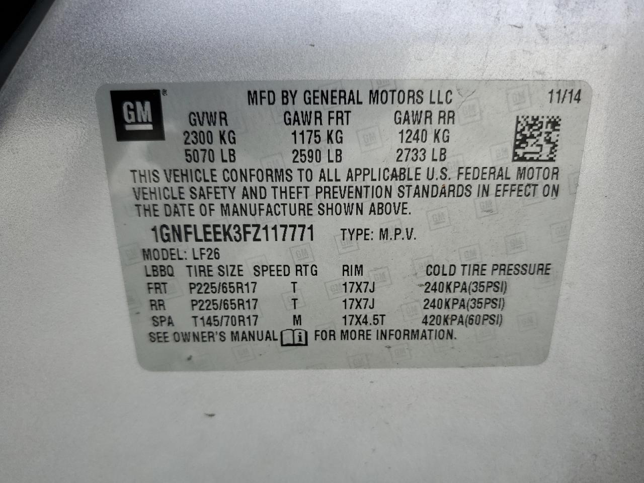 2015 Chevrolet Equinox Ls VIN: 1GNFLEEK3FZ117771 Lot: 81162225