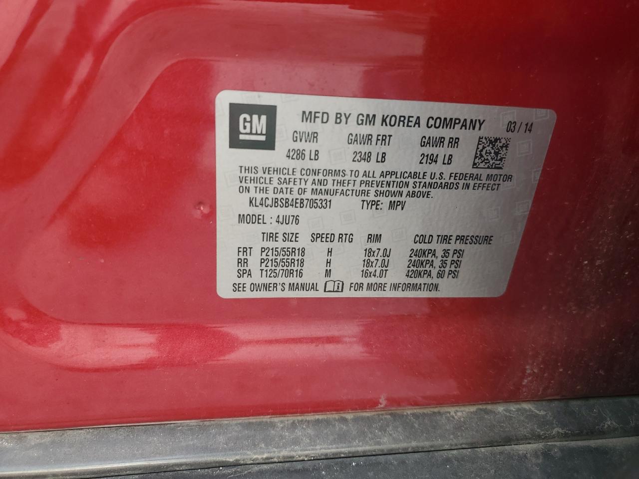 2014 Buick Encore Convenience VIN: KL4CJBSB4EB705331 Lot: 80806845