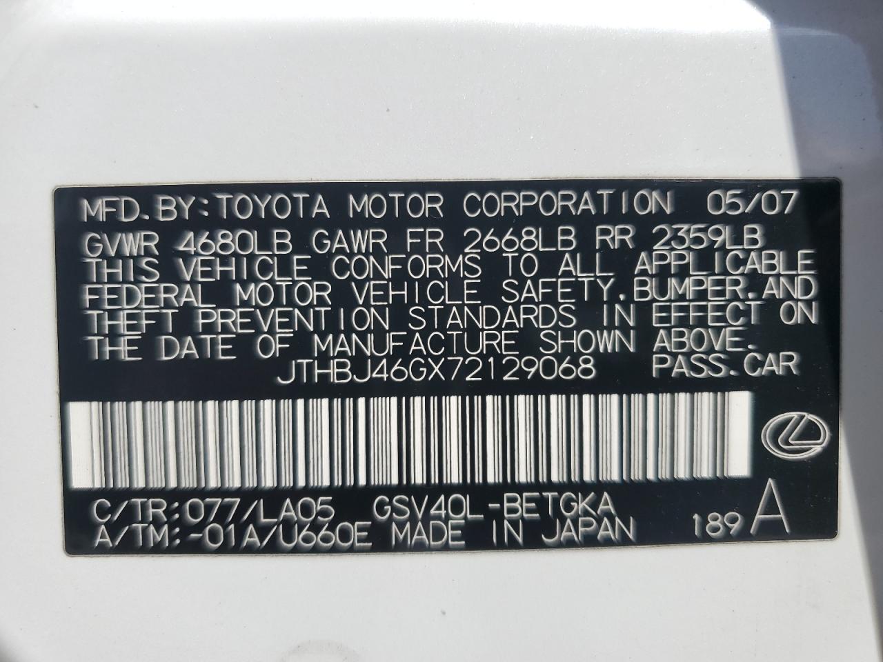 2007 Lexus Es 350 VIN: JTHBJ46GX72129068 Lot: 84188785