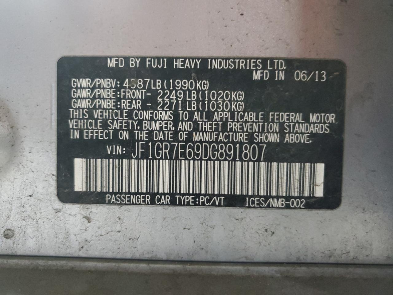 2013 Subaru Impreza Wrx VIN: JF1GR7E69DG891807 Lot: 80498335