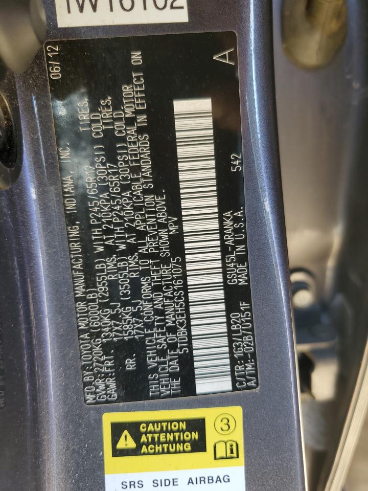 2012 Toyota Highlander Base VIN: 5TDBK3EH5CS161075 Lot: 80642675