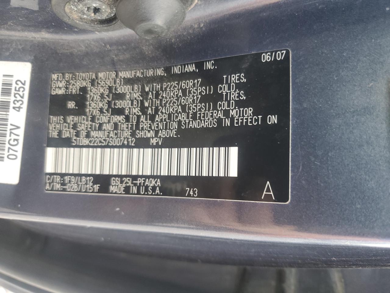 2007 Toyota Sienna Xle VIN: 5TDBK22C57S007412 Lot: 72064635