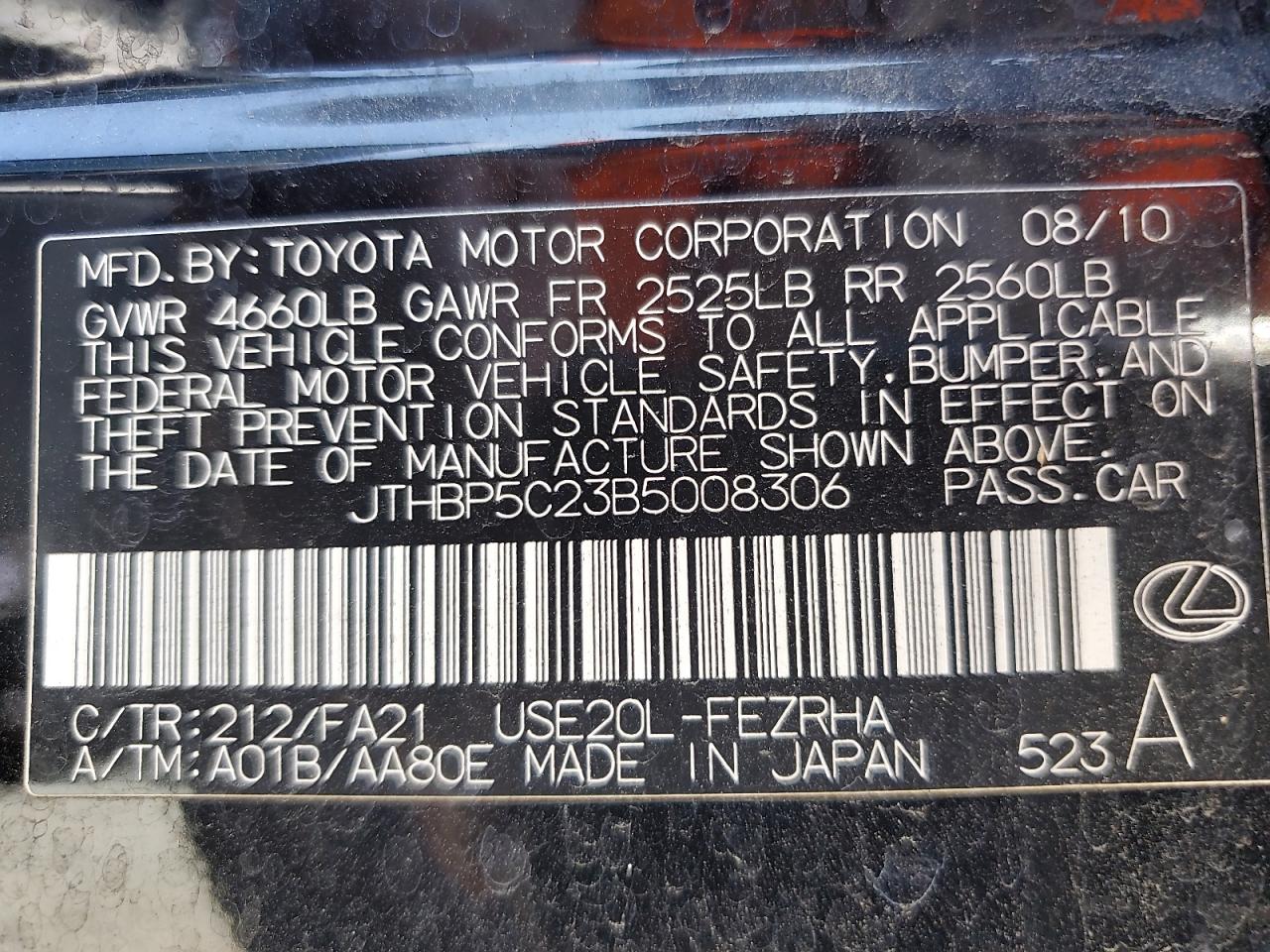 2011 Lexus Is F VIN: JTHBP5C23B5008306 Lot: 80847535