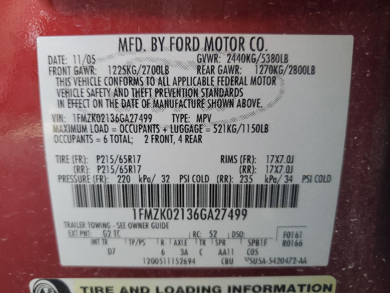 2006 Ford Freestyle Sel VIN: 1FMZK02136GA27499 Lot: 81209495