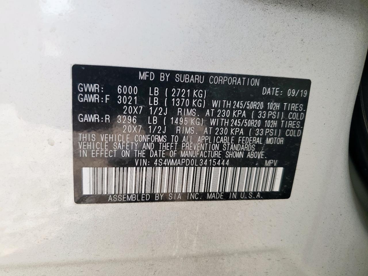 2020 Subaru Ascent Limited VIN: 4S4WMAPD0L3415444 Lot: 81522365