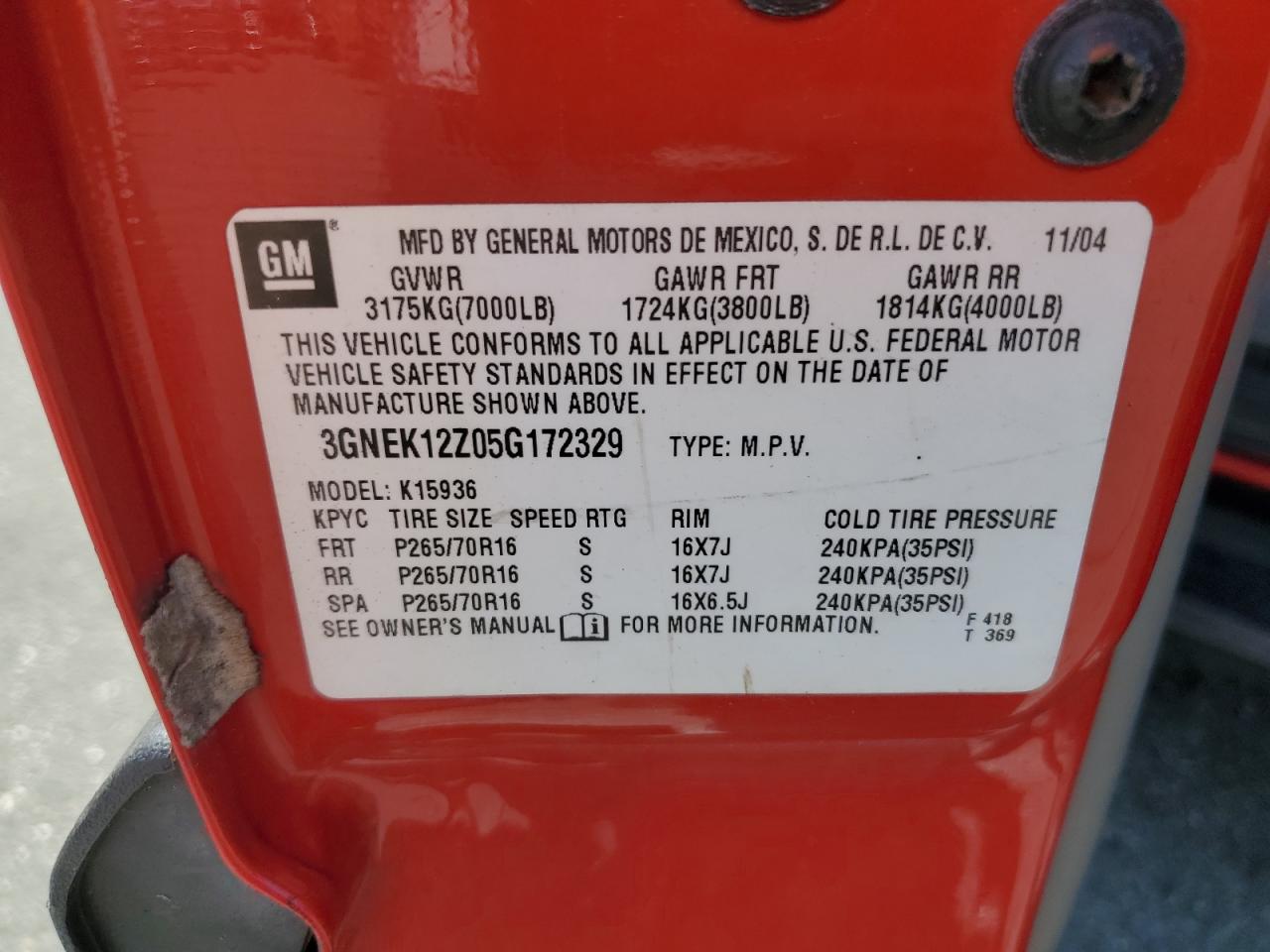 2005 Chevrolet Avalanche K1500 VIN: 3GNEK12Z05G172329 Lot: 71690585