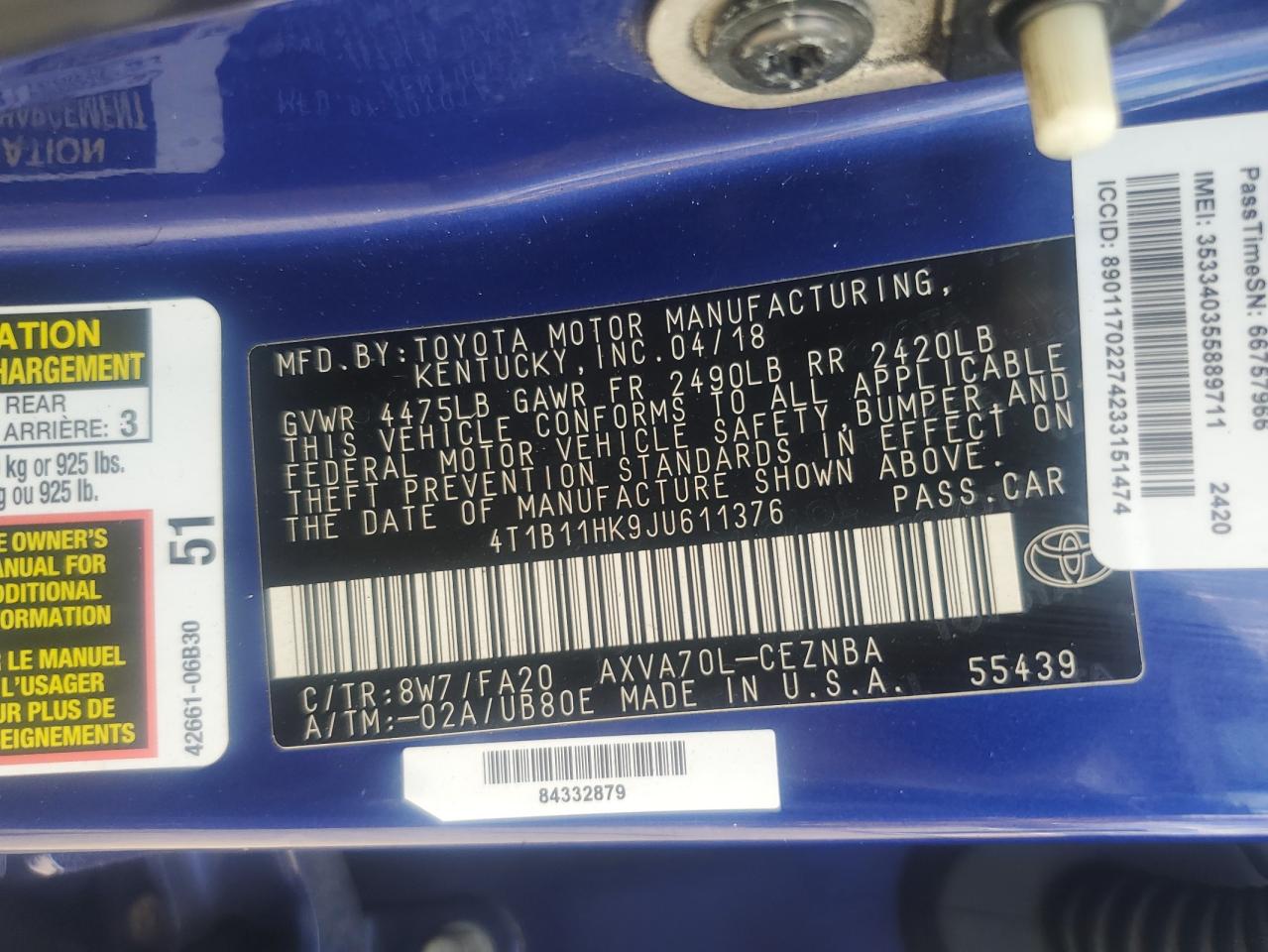 2018 Toyota Camry L VIN: 4T1B11HK9JU611376 Lot: 71555975