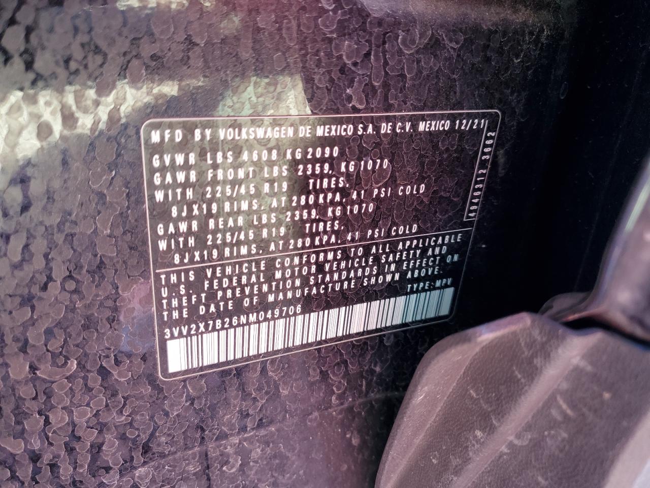 2022 Volkswagen Taos Sel VIN: 3VV2X7B26NM049706 Lot: 81783525