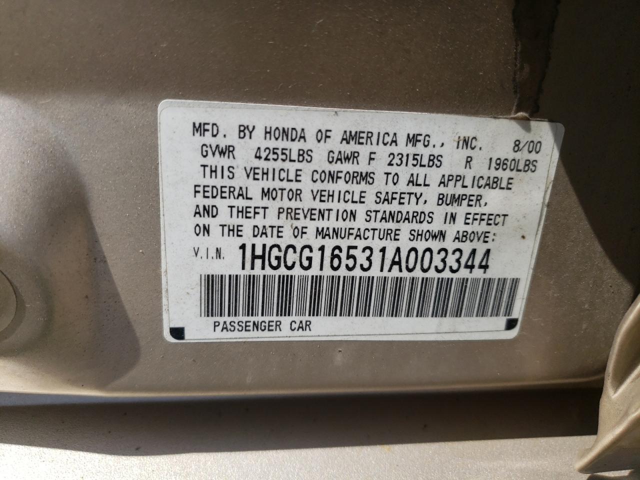 2001 Honda Accord Ex VIN: 1HGCG16531A003344 Lot: 80397795