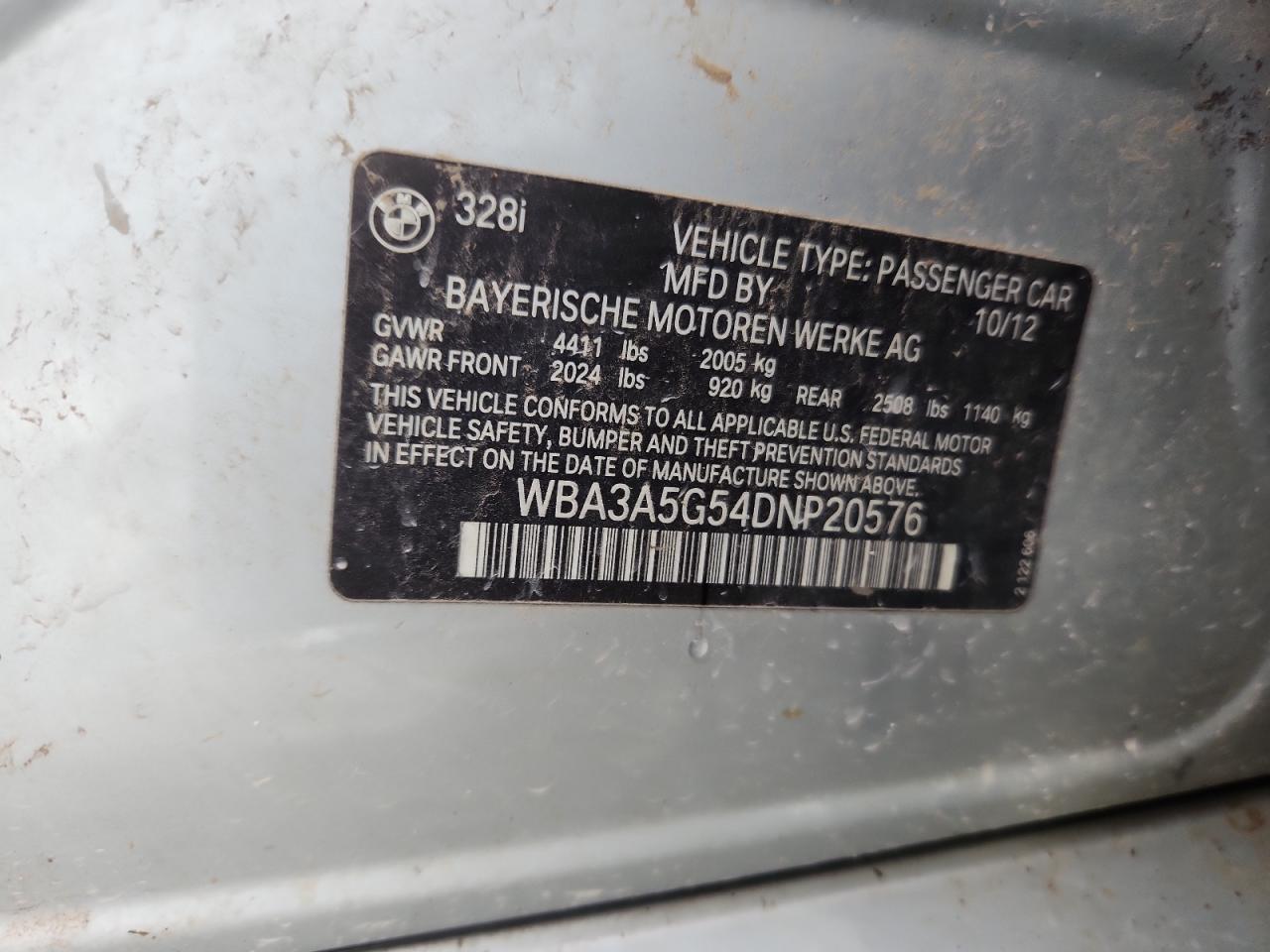 2013 BMW 328 I VIN: WBA3A5G54DNP20576 Lot: 80852975