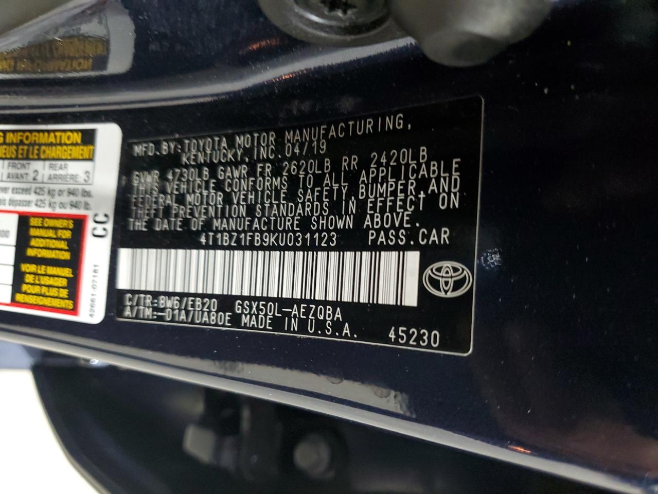 2019 Toyota Avalon Xle VIN: 4T1BZ1FB9KU031123 Lot: 82061545