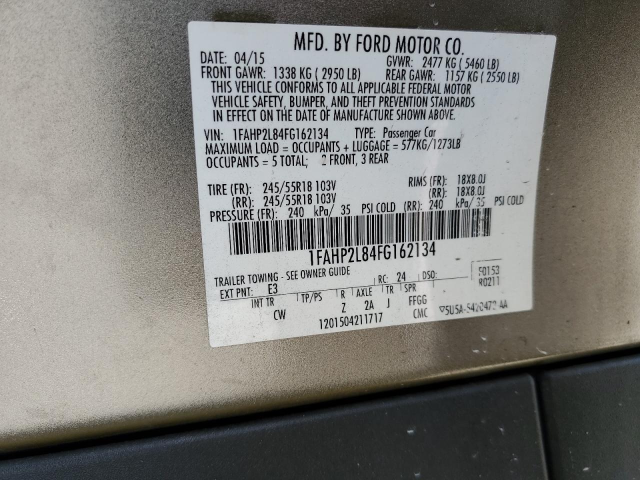 2015 Ford Taurus Police Interceptor VIN: 1FAHP2L84FG162134 Lot: 80380345