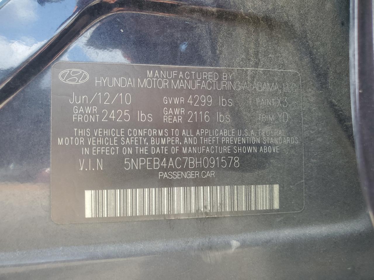 2011 Hyundai Sonata Gls VIN: 5NPEB4AC7BH091578 Lot: 80173835