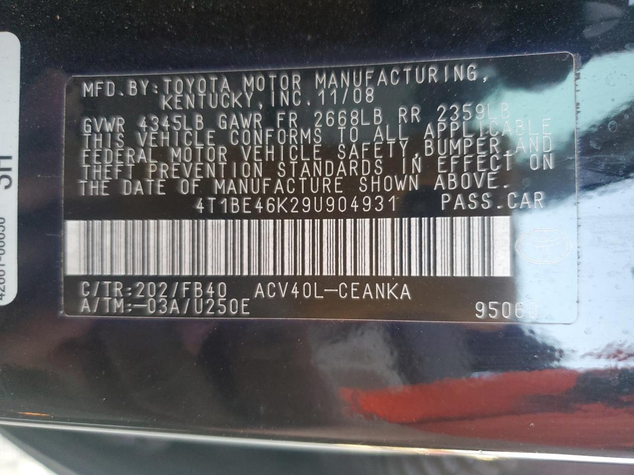 2009 Toyota Camry Base VIN: 4T1BE46K29U904931 Lot: 84253355