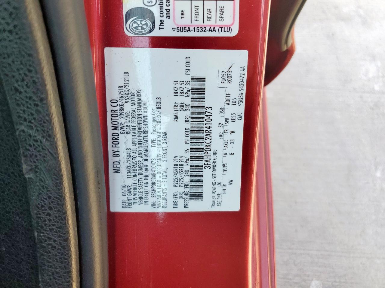 2010 Ford Fusion Sport VIN: 3FAHP0KC2AR410473 Lot: 84071255