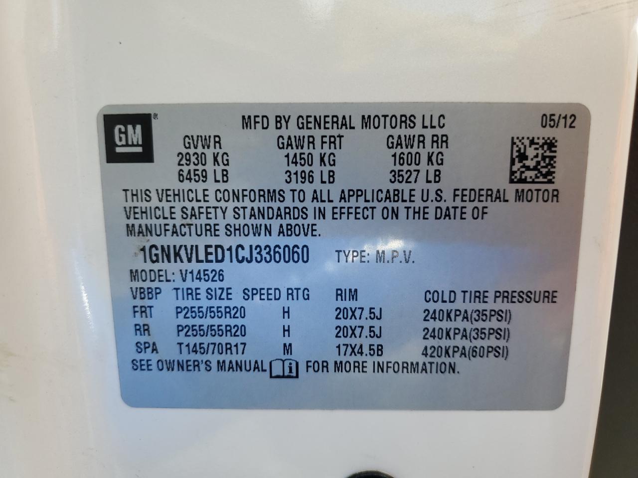 2012 Chevrolet Traverse Ltz VIN: 1GNKVLED1CJ336060 Lot: 81559375