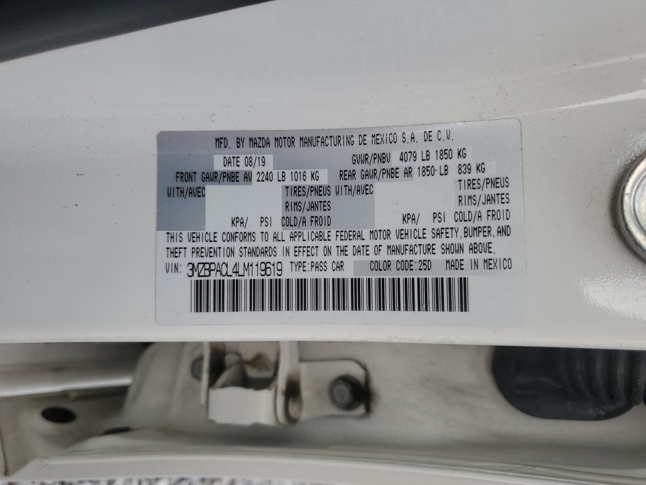 2020 Mazda 3 Select VIN: 3MZBPACL4LM119619 Lot: 80393465