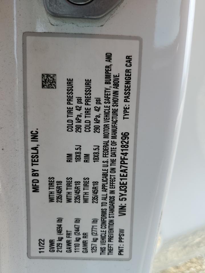 2023 Tesla Model 3 VIN: 5YJ3E1EA7PF418296 Lot: 80527445