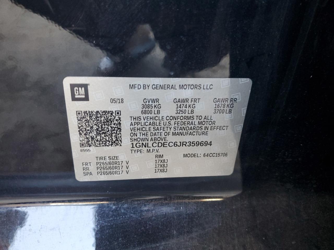 2018 Chevrolet Tahoe Police VIN: 1GNLCDEC6JR359694 Lot: 70746535