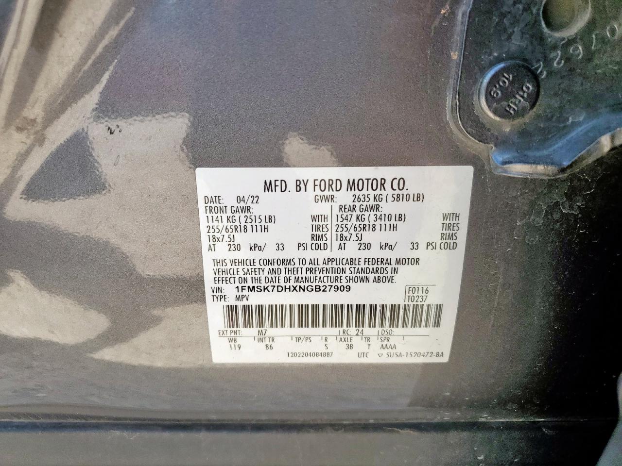 2022 Ford Explorer Xlt VIN: 1FMSK7DHXNGB27909 Lot: 71608615