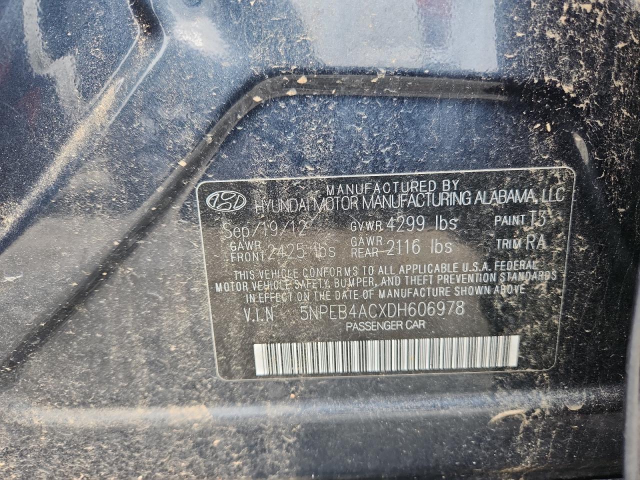 2013 Hyundai Sonata Gls VIN: 5NPEB4ACXDH606978 Lot: 84538745