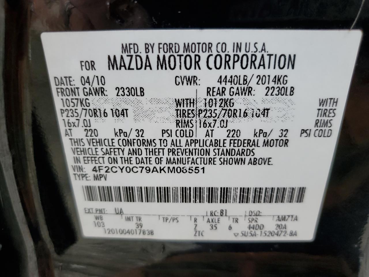 2010 Mazda Tribute I VIN: 4F2CY0C79AKM08551 Lot: 81385305
