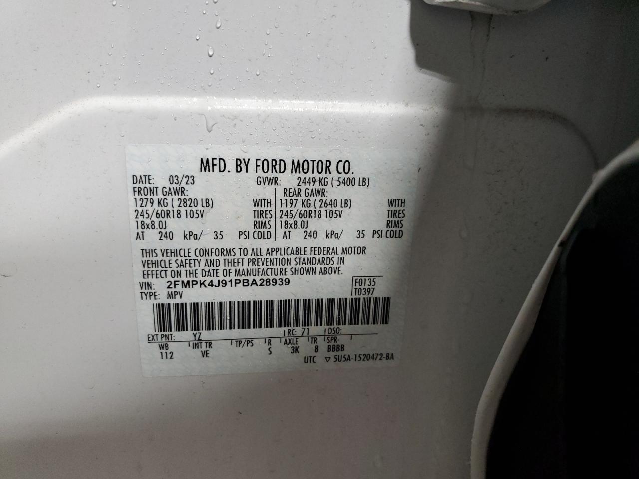 2023 Ford Edge Sel VIN: 2FMPK4J91PBA28939 Lot: 84023075