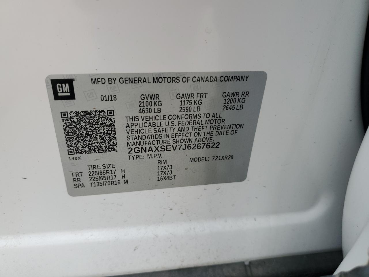 2018 Chevrolet Equinox Lt VIN: 2GNAXSEV7J6267622 Lot: 81438235