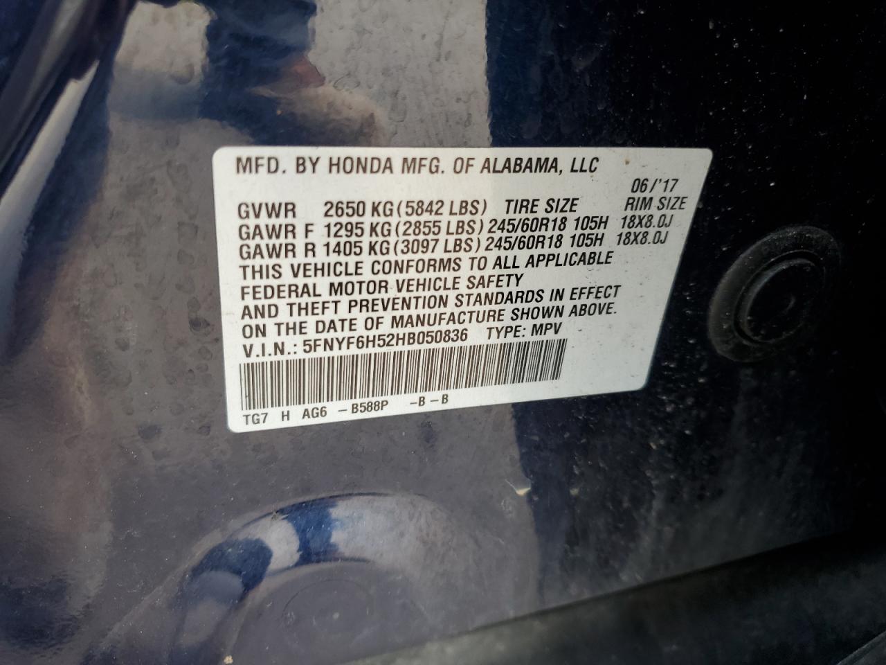 2017 Honda Pilot Exl VIN: 5FNYF6H52HB050836 Lot: 80164745