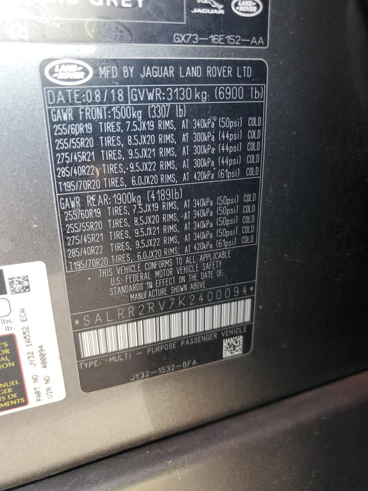 2019 Land Rover Discovery Hse VIN: SALRR2RV7K2400094 Lot: 80063765