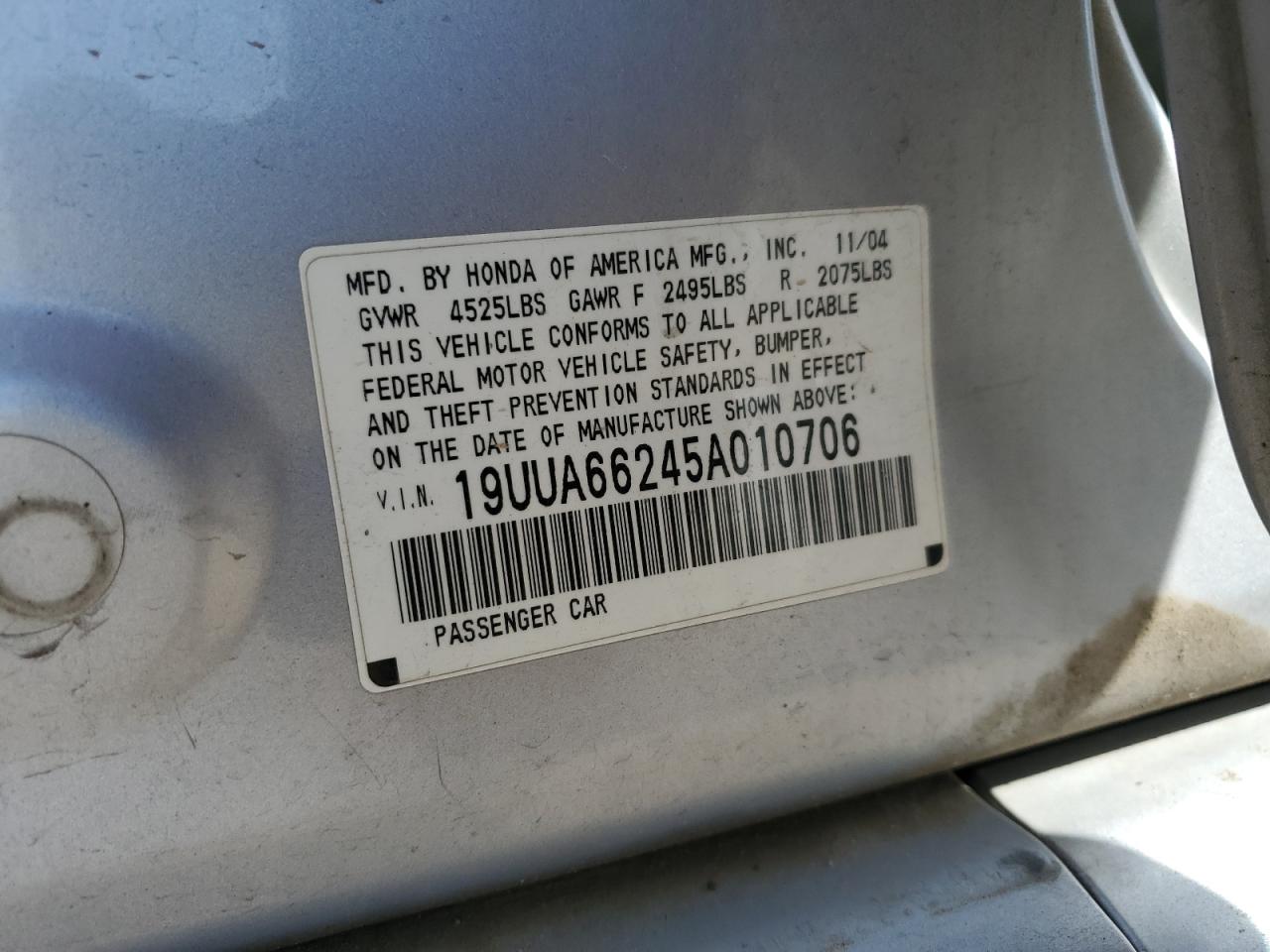 2005 Acura Tl VIN: 19UUA66245A010706 Lot: 80159095